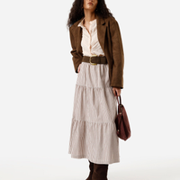 Saia midi feminina de algodão com recortes listrada marrom