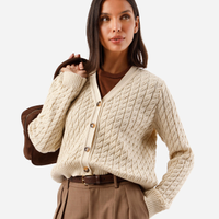 Cardigan feminino de tricot decote v texturizado off white