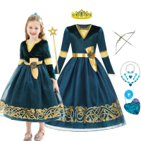 Halloween Girls Merida Dress Brave Performance Costume Girls Spring and Autumn Printed Off-shoulder Dress Carnival Clothes