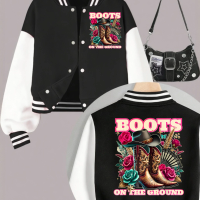 1PCS Autumn Winter Tween Girls Clothes Boots On The Grounds Double Sided Print Short Cropped School Style Girl Baseball Jacket