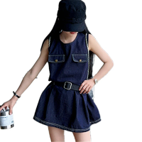 Stylish Kids Fashion Denim Bodysuit Dress for Girls Vintage Dark Blue Jeans Skirt With Belt Child Trendy Streetwear Outfit 5-14Y