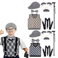 Boys 100 Days of School Grandpa Costume Set For 3-12yr Boys Old Man Costume Vest Hat Accessories Halloween Dress up Fancy Outfit