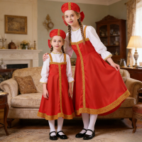 Russian Ukrainian Folk Costume Parent Child Outfit Traditional Ethnic Dress for Kids Adults Sports Meeting Festival Party Wear