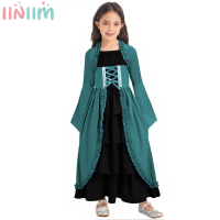Children Girls Halloween Party Medieval Renaissance Cosplay Performance Costume Long Sleeve Layered Ruffle Vintage Peasant Dress