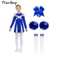 Kids Girls Cheerleading Uniforms 4Pcs School Cheer Dance Outfit Shiny Sequins Cold Shoulder Dress Carnival CheerLeader Dress up