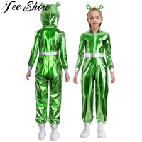 Girls Boys Halloween Alien Cosplay Costume Outer Space Theme Party Fancy Dress Up Metallic Gloss Hood Long Sleeve Jumpsuit