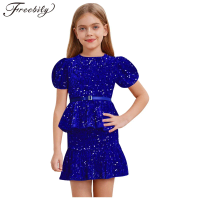 Teen Girls Elegant Shiny Sequins Short Puff Sleeveless Shirts Tops with Mini Skirt Set for Birthday Wedding Pageant Party Prom
