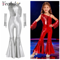 Girls Street Jazz Dance Costume Streetwear One Shoulder Sequins Tassels Jumpsuit Kids Performance Dancewear 60s 70s Disco Outfit