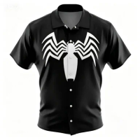 Men's Button-up Shirt, Black and White Patterned Printed Short-sleeve Casual Top