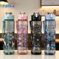 Convenient 750ml Water Bottle Printed Cartoon Portable Straw Cup Leakproof Large Capacity Sports Cup Outdoor Travel Gym Sports