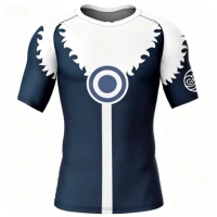 Summer Men's Blue and White Tribal Print Tight Fitting Quick Drying Short Sleeved Sports Top