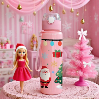 3D Print Christmas Water Bottle with Cute Santa Reindeer Design 700ML Cartoon Cute High Appearance Plastic Water Cup,Leak-Proof