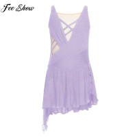 Children Girls Shiny Rhinestones Sheer Mesh Figure Skating Dress Lyrical Dance Ballet Gymnastics Acrobatics Leotard Dancewear