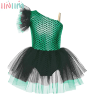 Kids Girls Ballet Dance Figure Skating Gymnastics Dress Halloween Carnival Mermaid Costume Fish Scales Print Mesh Leotard Tutu