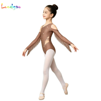 Kids Girls Tassel Leotard Bodysuit Rhinestones Long Sleeve Shining Rhinestones Gymnastics Body Suit Figure Skating Dancewear