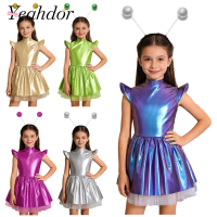 Girls Alien Dress Up Robot Costume Iridescent Glossy Tutu Dress with Hair Hoop for Astronaut Theme Party Stage Performance Dress