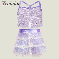 Girls Latin Jazz Dance Sets Modern Dancewear Disco Hip Hop Stage Performance Costume Teens Metallic Crop Top with Skirt Suit