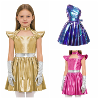 Girls Alien Fancy Dress Costume Child Cosplay Outerspace Metallic Dress Flying Sleeve Theme Party Dress with Gloves Robot Outfit