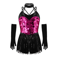 Kids Girls Tassels Latin Dance Leotard Dress Halter Strappy Sequins Fringed Dresses with Gloves for Ballroom Stage Performance