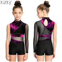 Kids Girls Ballet Gymnastics Sets Rhinestones Dance Unitard and Shorts Outfits for Figure Skating Exhibition Gala Event Wear