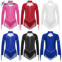 Kids Girls Latin Dance Dress Long Sleeve Rhinestones Mesh Tassels Leotard for Figure Skating Cha-cha Tango Samba Rumba Ballroom