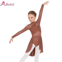 Kids Girls Shiny Rhinestones Lyrical Dance Costume Gymnastics Figure Skating Ballet Jersey Dress Sheer Mesh Ruched Leotard Dress