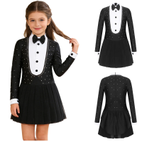 Children Girls Long Sleeve Rhinestone Bowtie Circus Ringmaster Magician Dress Leotard Tutu Halloween Carnival Cosplay Costume
