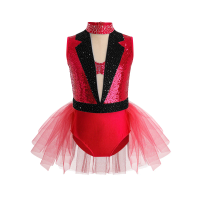 Kids Girls Shiny Sequin Rhinestone Mesh Ballet Jazz Dance Bodysuit Dress Gymnastics Skating Leotard Tutu for Stage Performance