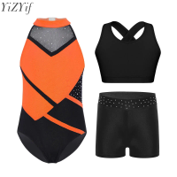 Kids Girls Ballet Dance Sets Gymnastics Performance Outfit Rhinestones Leotard with Cross Back Keyhole Cropped Vest and Shorts