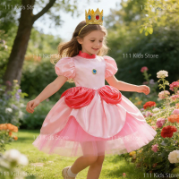 Children Short Sleeve Perform Dress for Halloween Carnival Princess Peach Cosplay Costume Kids Girls Birthday Gift Party Gown