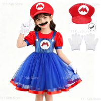 Girls Short Sleeve Summer Dress Mesh Princess Dress Movie Superbro Same Cosplay Costume Children Perform Outfits Birthday Gift