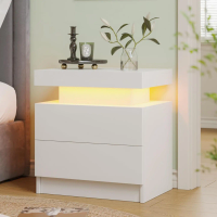 White LED Nightstand Modern Night Stand for Bedroom Bedside Table with 2 Wood Drawers End Side Table