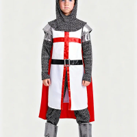 Kids Medieval Knight Templar Costume Halloween Crusader Warrior Outfit for Boys Cosplay Party Fancy Dress with Red Cloak Chainma