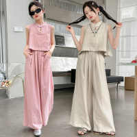 Chinese Style Children Clothes Girl Summer Sleeveless Tank Top and Wide Leg Pants Two Piece Set 2026 Loose Breathable Casual