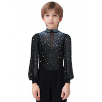 Boys Latin Tango Dance Shirt Leotard Long Sleeve Shiny Rhinestones Jumpsuit Ballroom Ballet Figure Skating Gymnastics Costume