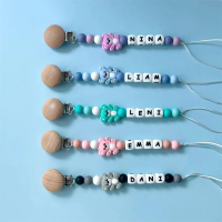 Personalized Silicone Bead Pacifier Clips with Wooden Clips Adorable Bear Charms Customizable Names for Babies