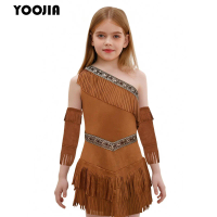Tassel Suede Girls Indian Native Cosplay Costume One Shoulder Fringe Dress with Sleeves Suit for Halloween Indigenous Princess