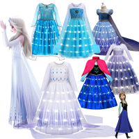Disney Elsa Princess Dresses +LED Light Girls Mesh Sequin Dress Kids Cosplay Frozen Snow Queen Costumes Halloween Party Gowns