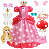 Girls Peach Cosplay Princess Dress Children Halloween Disguise Costume Kids Pink Birthday Christmas Carnival Party LED Clothes