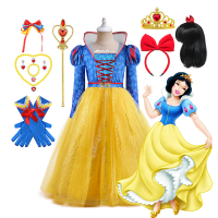 Girls' Snow White Dress, Blue And Yellow Long-Sleeve Party Outfit, For Girls' Halloween, Birthday Parties, And Costume Play