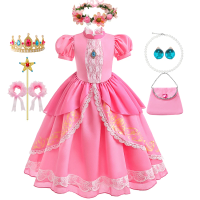 Peach Princess Costume Set for Girls Children Lace Ruffle Dress with Accessories Perfect for Birthday Halloween Cosplay Party