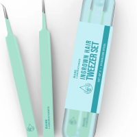Ingrown Hair Tweezers Set 2 Pack Precision Curved & Pointed Stainless Steel Tweezers with Protective Case for Razor Bumps