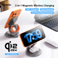 Qi2.2 25W Metal Magnetic Wireless Charger Fast Charging Station 360° Rotation Foldable for iPhone 17 16 15 Watch Airpods 3 in 1