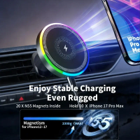 Magnetic Wireless Car Charger Mount Phone Fast Charging RGB Car Phone Holder with Strong Magnet for iPhone 17 16 15 14 Pro Max
