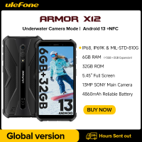 Ulefone Armor X12 Rugged Phone, Android 13 Smartphone, Up to 6GB RAM, 32GB ROM, 4860mAh, 13MP, 5.45", 4G, NFC, Global Phone
