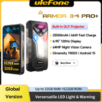 Ulefone Armor 34 Pro+ 5G AI 25500mAh Rugged Phone Smartphone Android 15 32GB+512GB Built-in DLP Projector 6.95" NFC Mobile Phone