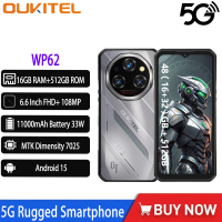 Oukitel WP62 5G Rugged Smartphone 48GB(16+32) +512GB 6.6" FHD+ 108MP Camera MTK Dimensity 7025 11000mAh 33W Android 15 Cellphone