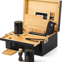 Large Bamboo Storage Box with Removable Tray - Smell Proof with 2 Glass Jars - 10.6'' x 7.8'' x 5.1'' Black