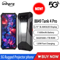 Unihertz 8849 Tank 4 Pro 5G Rugged Projector Smartphone Android 6.73 Dimensity 8300 CPU 3k AMOLED Display 36GB+1TB Mobile NFC