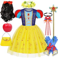 Disney Snow White Summer Short Sleeve Dress for Girls Cosplay Snow White Halloween Holiday Party Dress + Accessories Set 2-10T